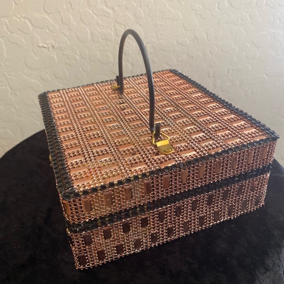 Rose Gold and Black Dress Box Purse with Black Handle, Mirror Inside - Picture 3 of 15